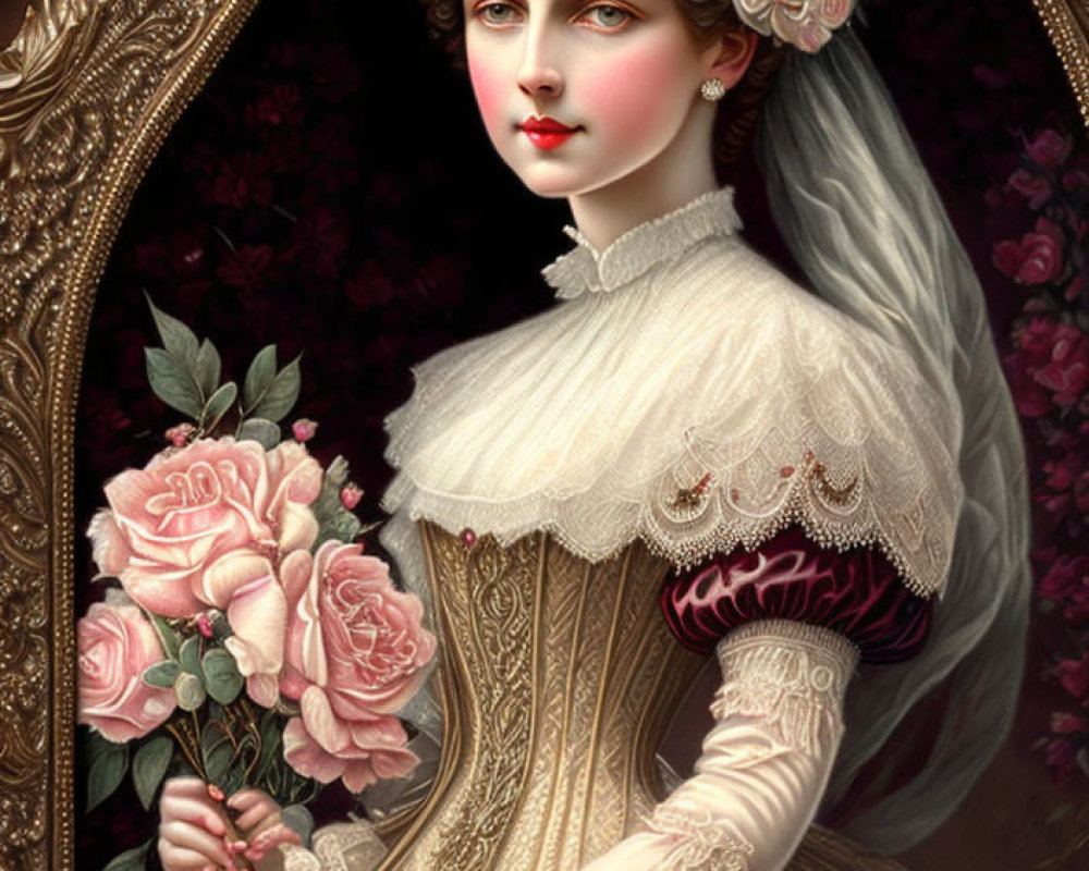 Victorian portrait of woman with pale skin and dark hair in ornate frame