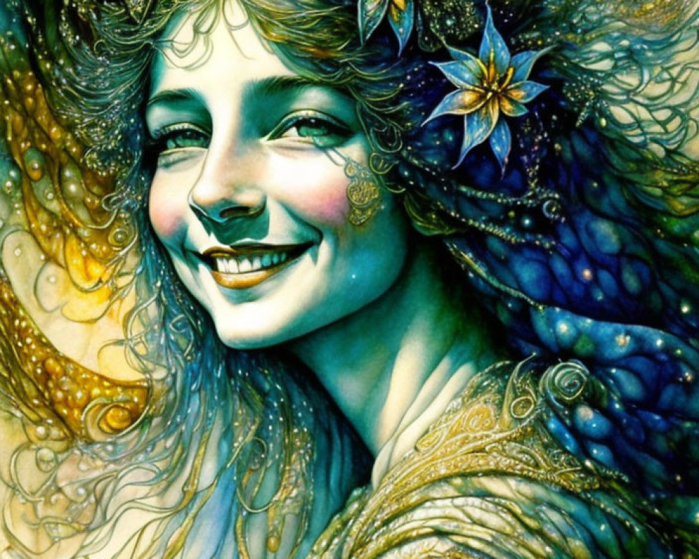 Whimsical woman with starry flowers in radiant blue and gold hues