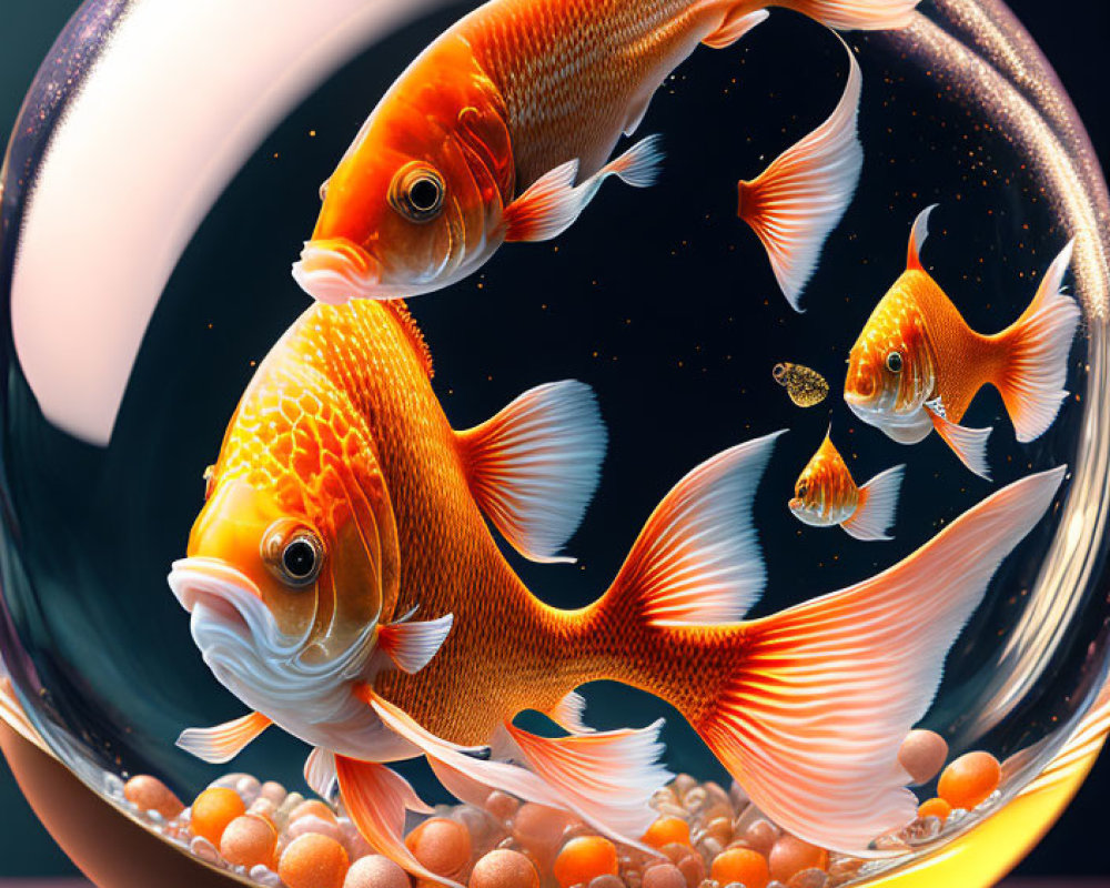 Three vibrant goldfish in spherical fishbowl with golden rim on dark backdrop