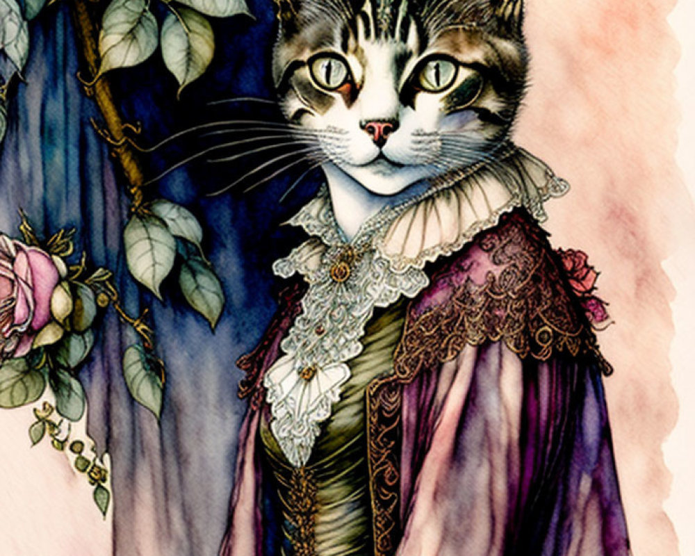 Feline figure in vintage attire among roses