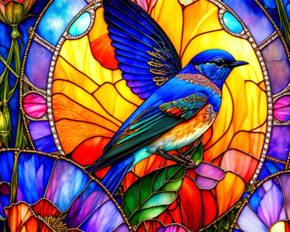 Colorful Stained Glass Artwork Featuring Blue Bird and Flowers