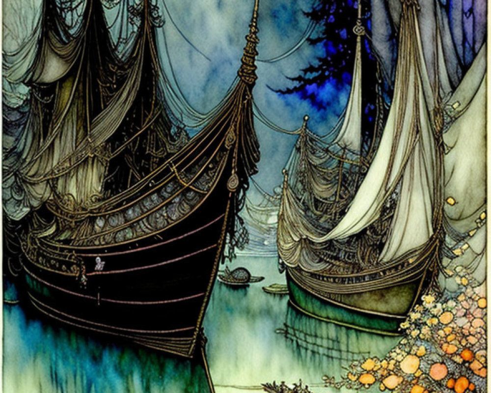 Detailed mystical illustration of sailboats in tranquil forest waterway