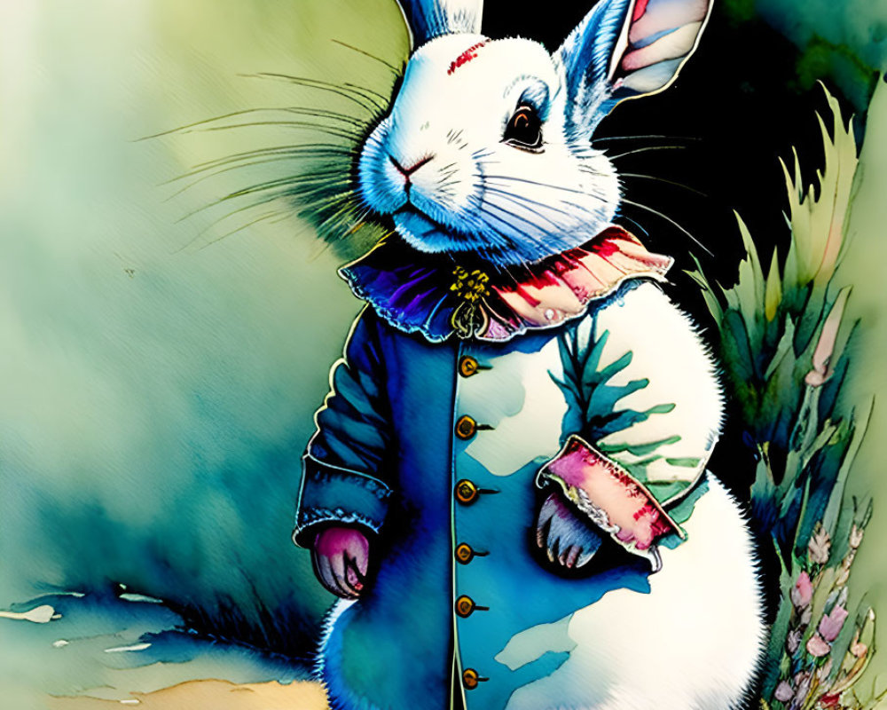 Anthropomorphic rabbit in blue coat in whimsical outdoor scene