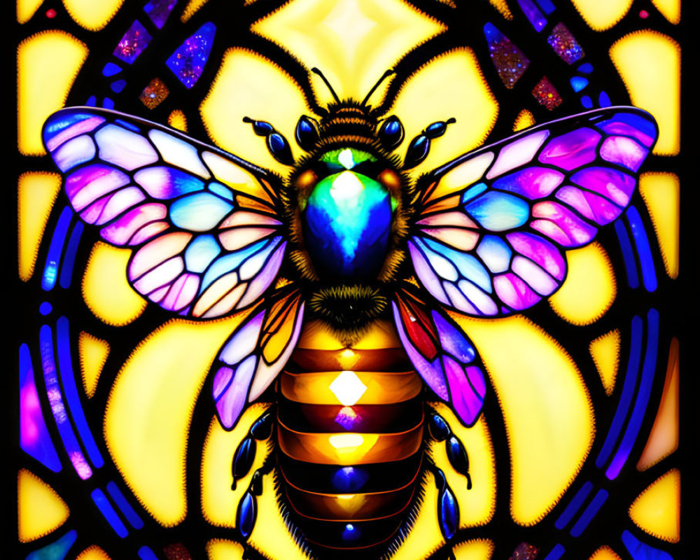 Colorful digital artwork: stylized bee with iridescent wings on stained glass background