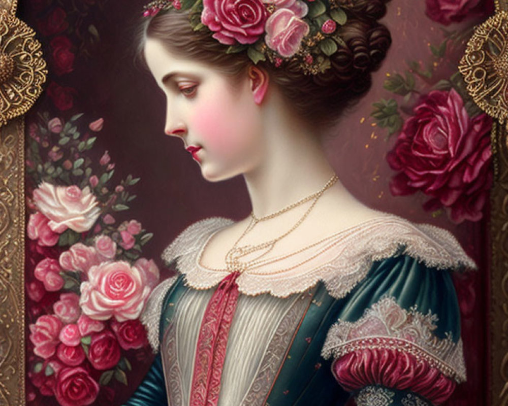 Classical portrait of a woman in floral headpiece and period dress