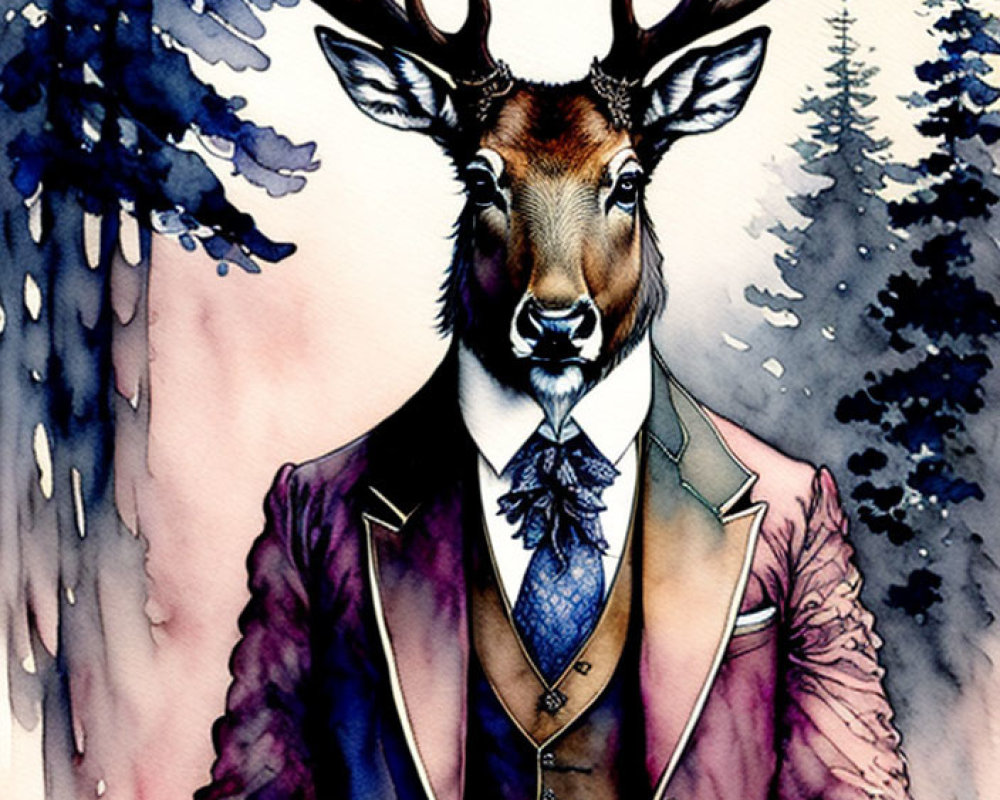 Stag with impressive antlers in suit and tie against pine tree watercolor backdrop