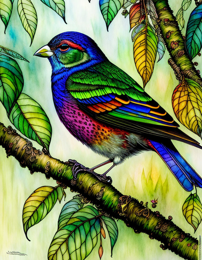 Colorful Bird Illustration Perched on Branch with Green Leaves