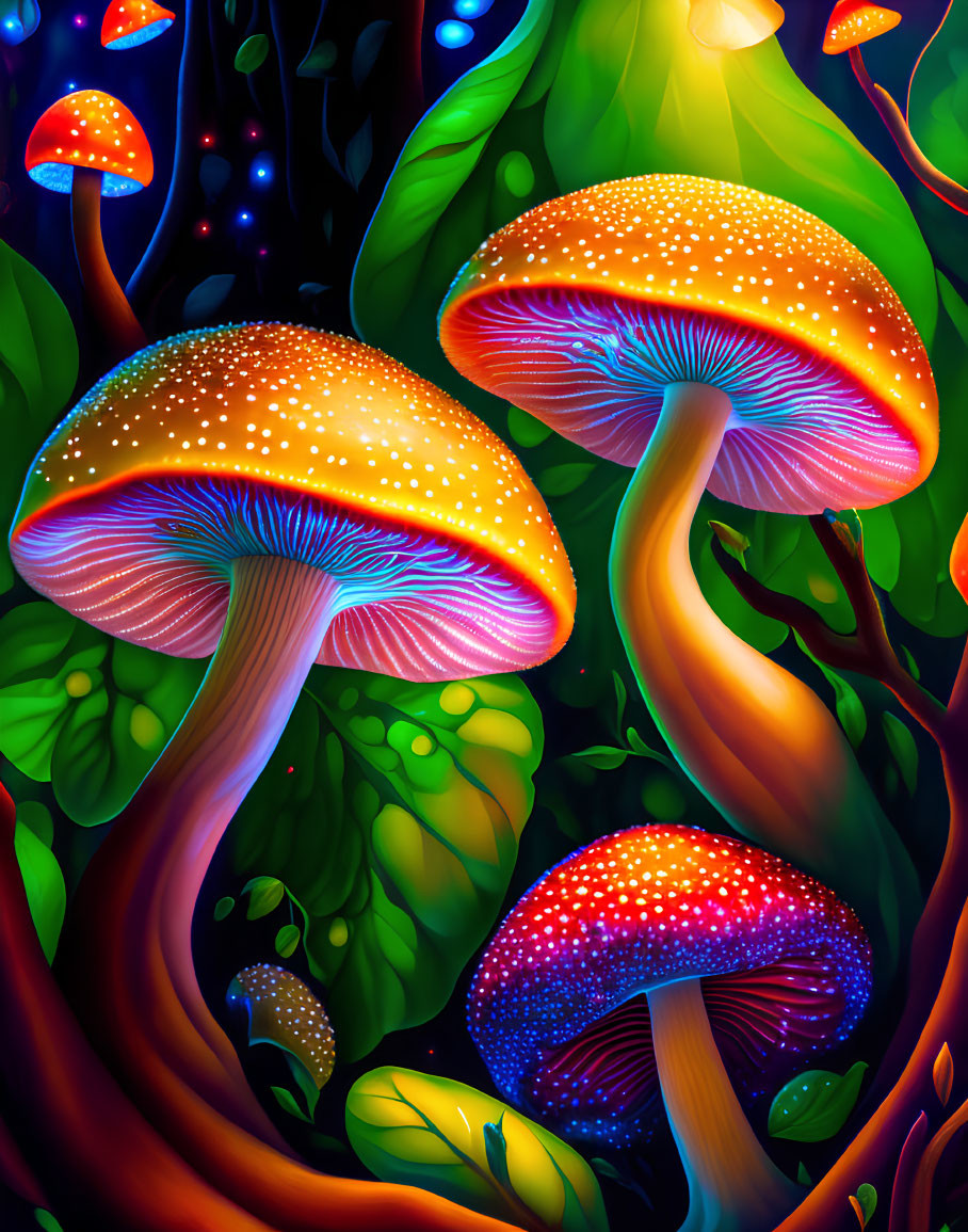 Luminescent Mushroom Digital Art in Mystical Forest