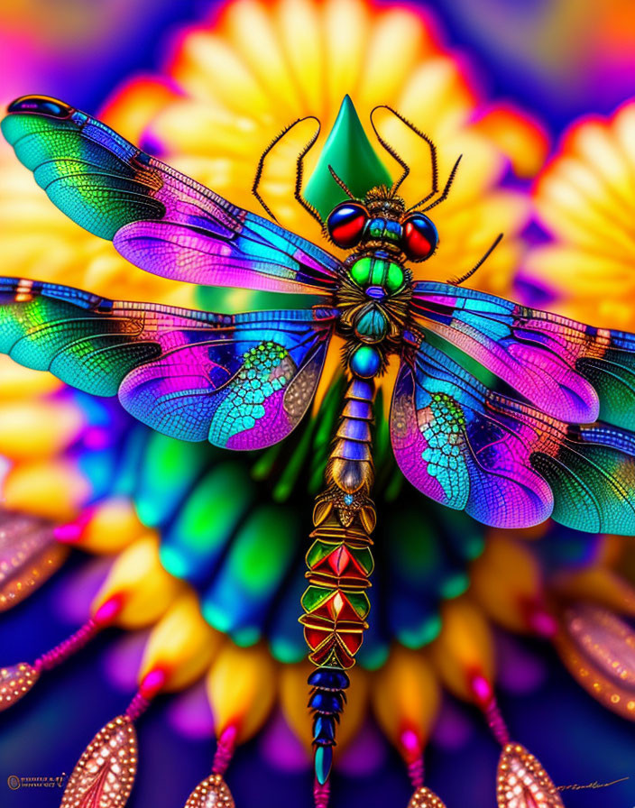 Colorful Dragonfly Artwork on Flower with Iridescent Wings