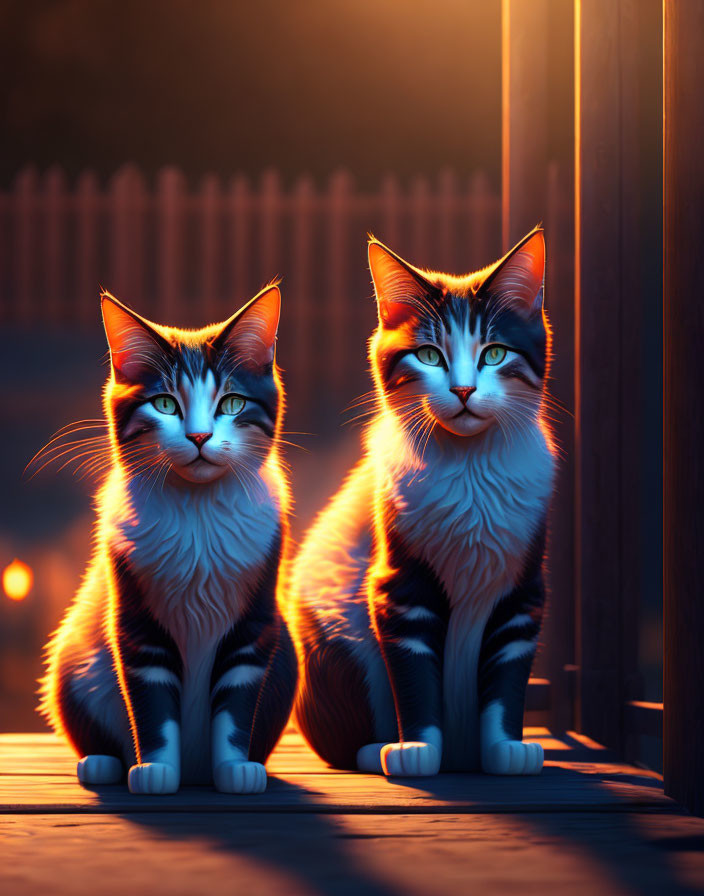 Two cats with striking markings in twilight ambiance with warm light and shadows.