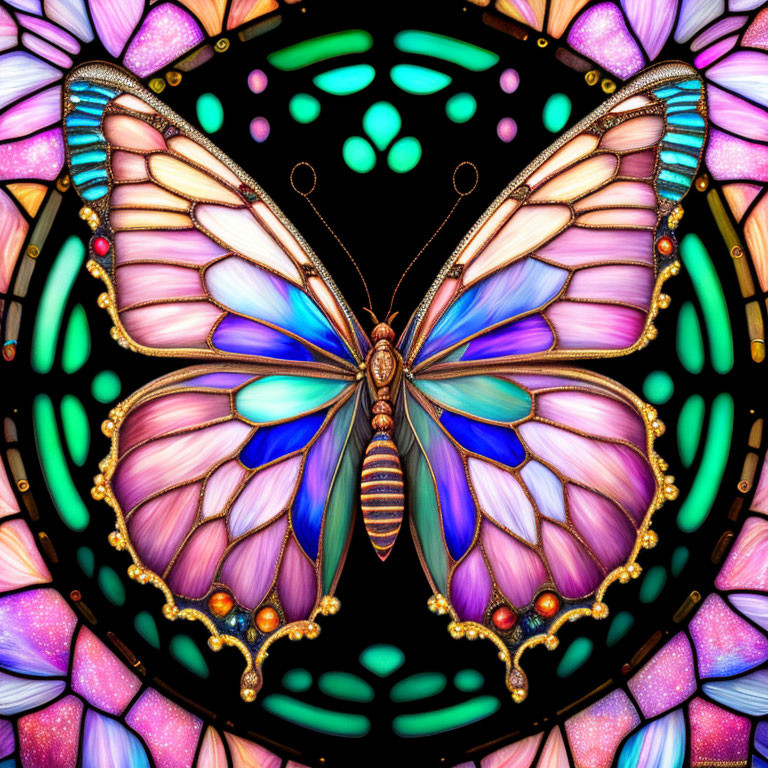 Symmetrical butterfly digital artwork in pink, blue, and gold hues