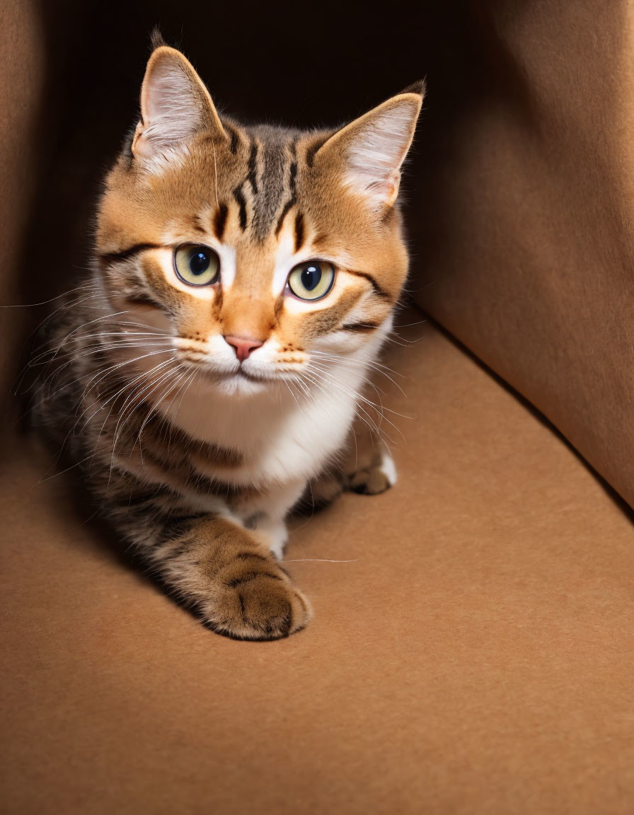 Brown and Black Striped Cat with Green Eyes in Cardboard Box