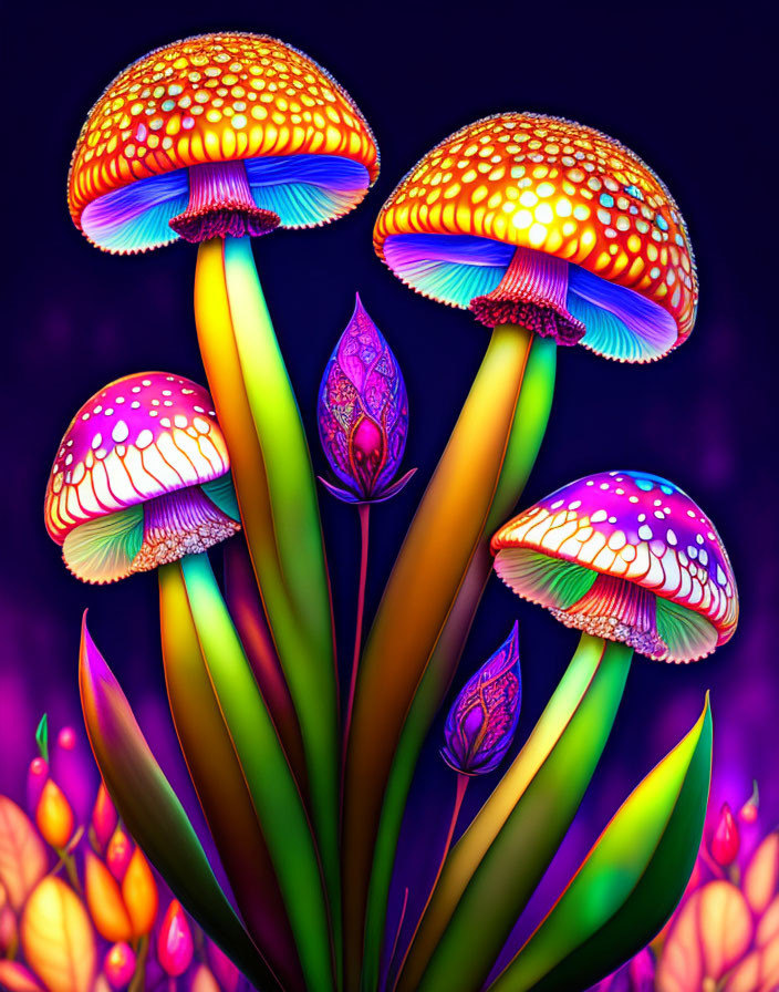 Colorful stylized mushrooms on glowing stems in neon purple backdrop