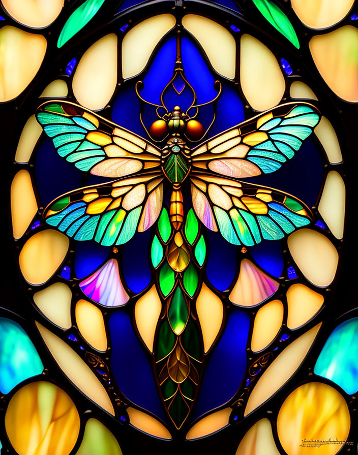 Colorful Dragonfly Design in Stained Glass Window