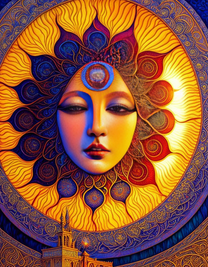 Vivid artwork of female figure with mystical aura and third eye