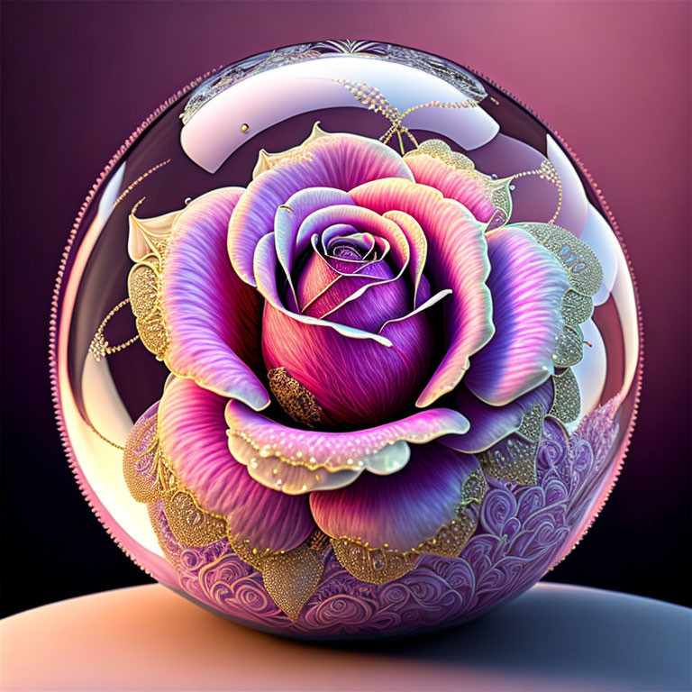 Vibrant purple rose in decorative translucent sphere with gold filigree patterns