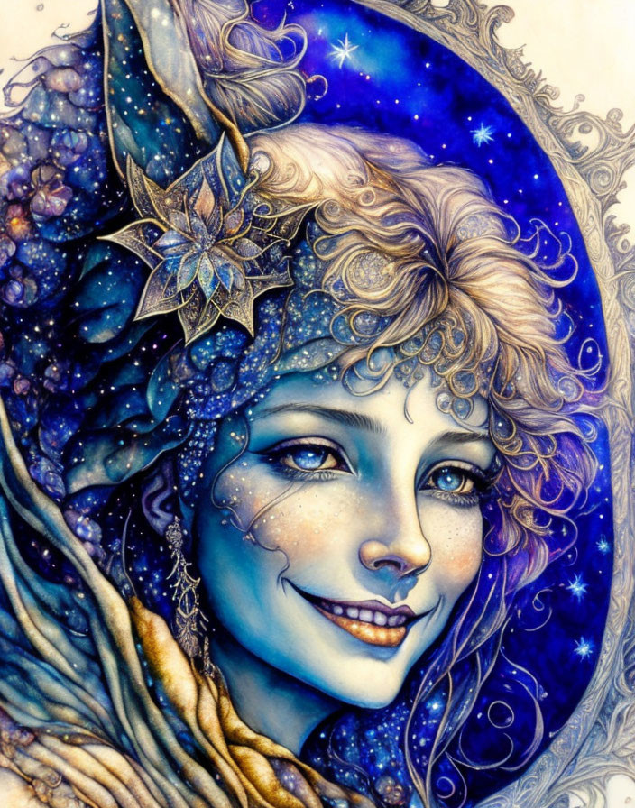 Woman with Starry Blue Hair and Cosmic Elements in Whimsical Artwork