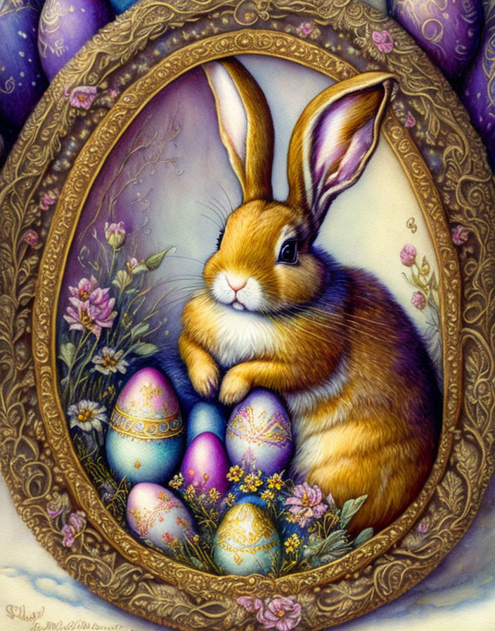 Illustrated Easter rabbit with large ears and decorated eggs on floral oval frame in purple background