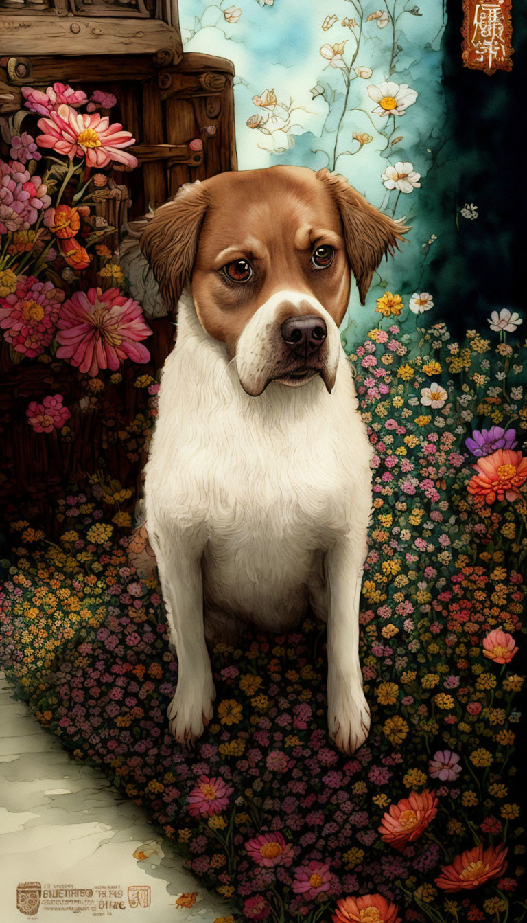 Brown and White Dog Surrounded by Colorful Flowers and Asian Motifs