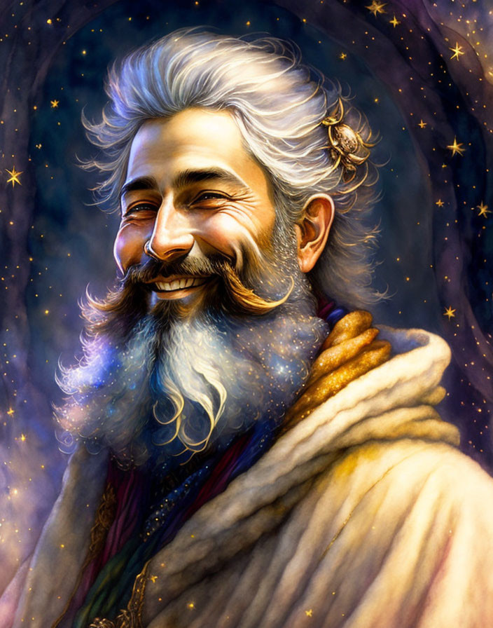 Bearded man with star-filled beard, fur-lined coat, twinkling eyes, and broad smile against