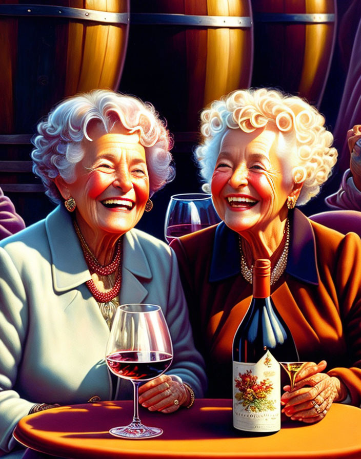 Elderly women enjoying wine in colorful setting