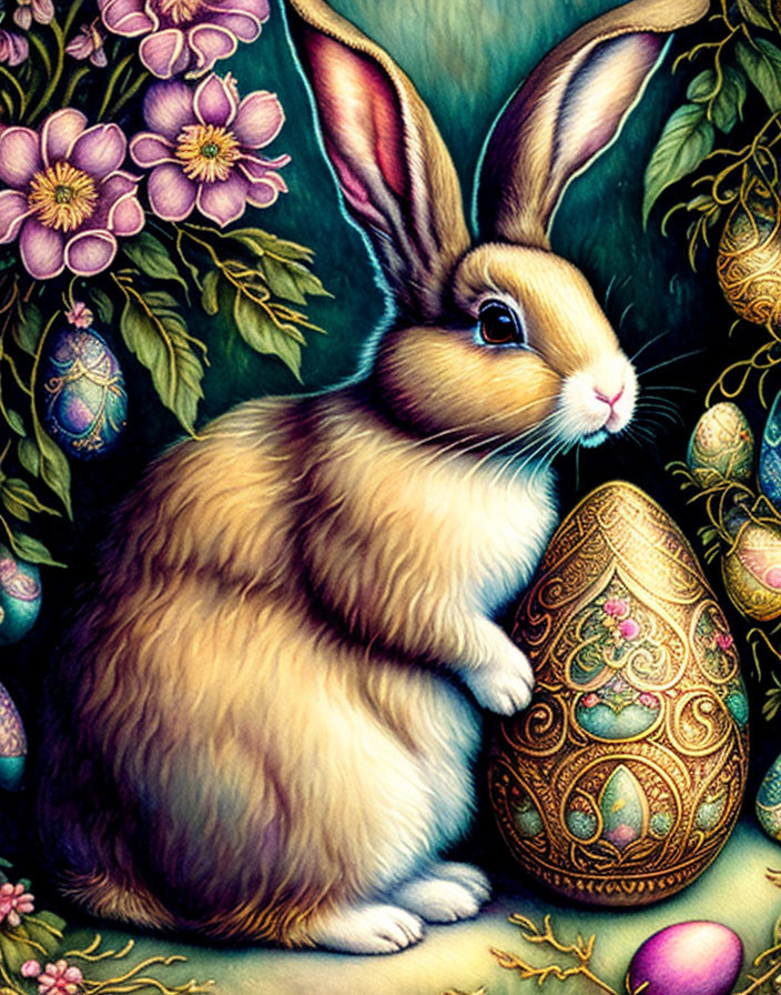 Vibrant rabbit illustration on Easter egg with floral backdrop