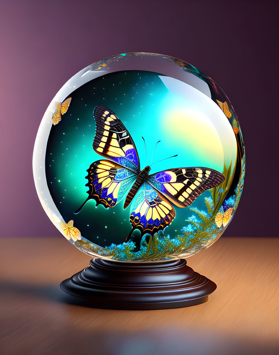 Colorful butterfly in crystal ball on wooden base with cosmic background and dandelion seeds against purple gradient