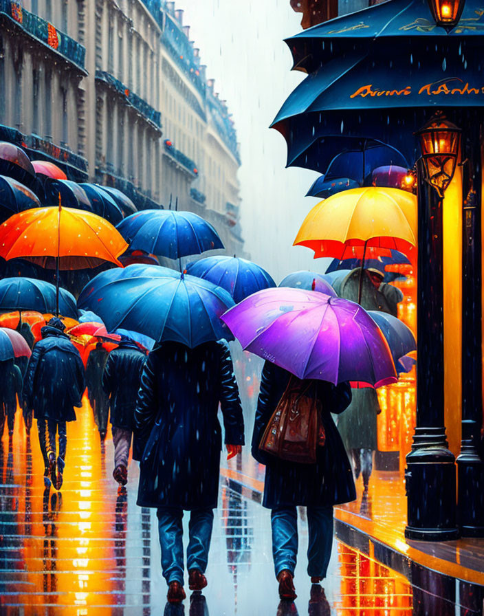 Vibrant umbrellas on rainy city street with pedestrians and glowing street lamp