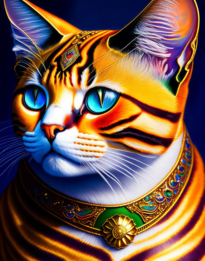 Colorful Digital Artwork: Orange Tabby Cat with Blue Eyes and Jeweled Accessories