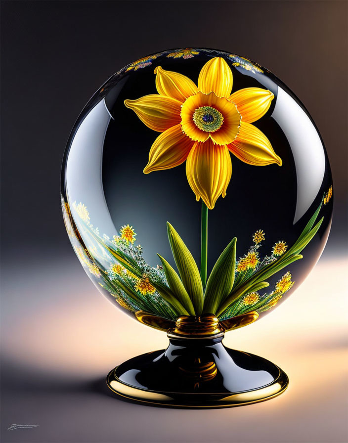 Yellow Flower in Circular Terrarium-Like Structure on Pedestal