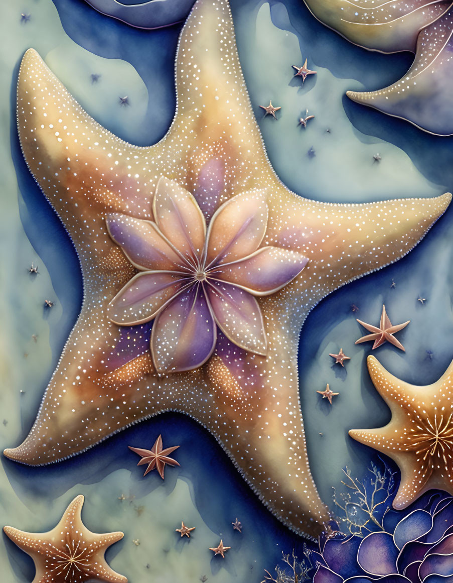 Ocean Scene with Starfish and Floral Patterns on Blue Background