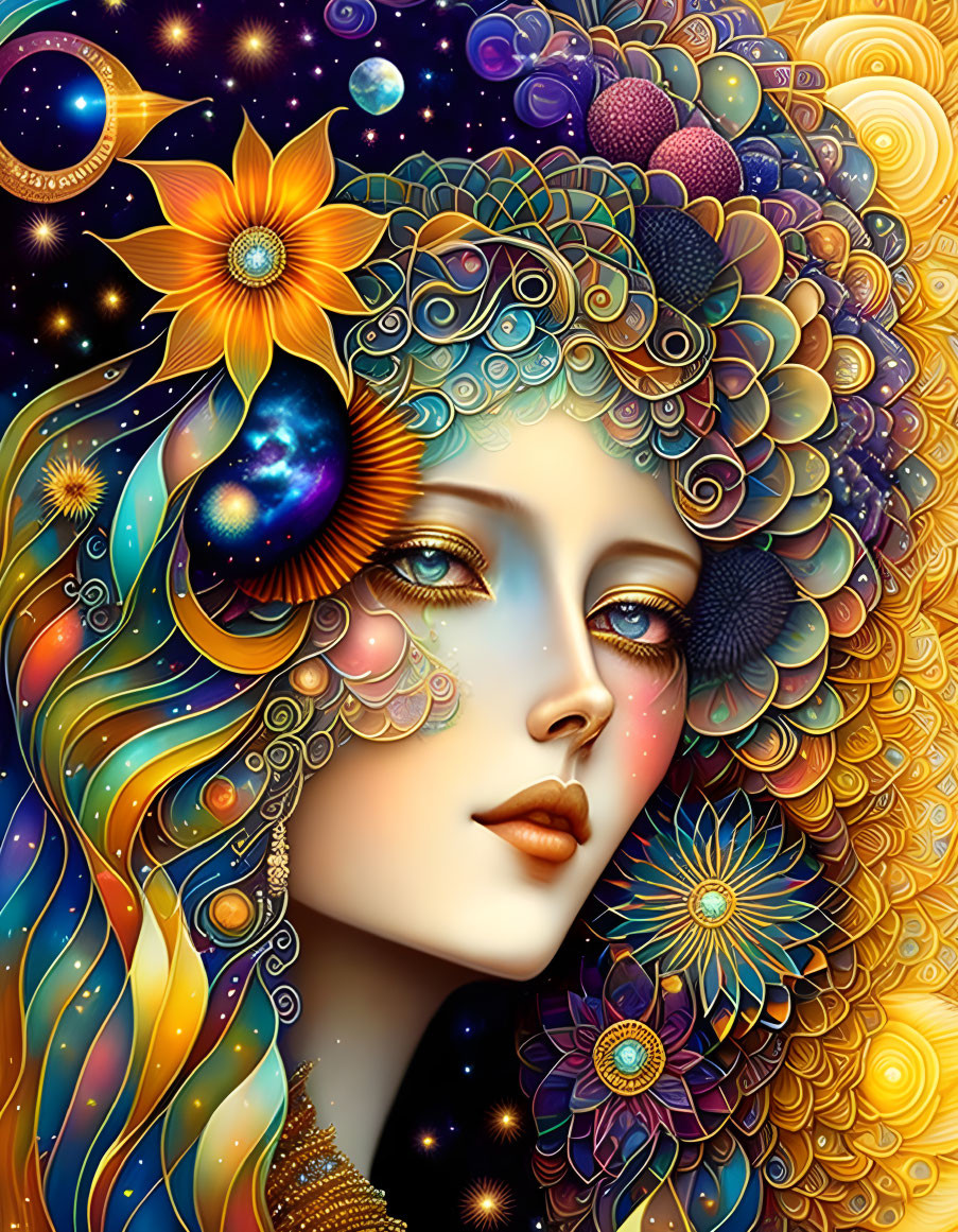 Colorful celestial and floral illustration with intricate patterns and dreamlike quality