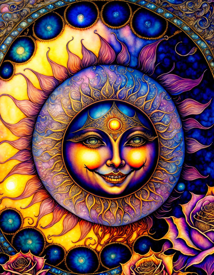 Colorful celestial face with third eye in flames and cosmic patterns.