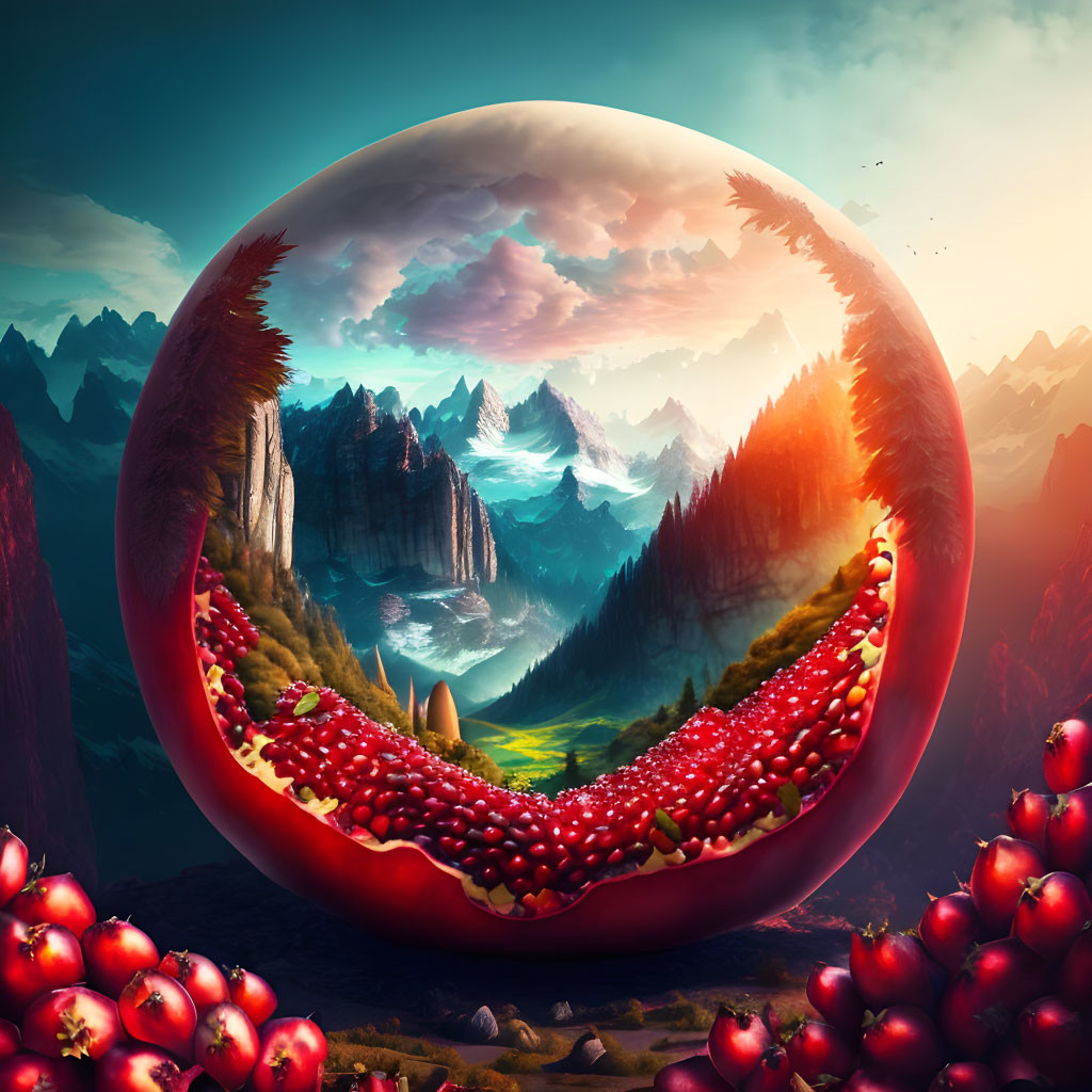 Circular Surreal Landscape with Mountains, Waterfalls, Forest, and Red Fruits Path