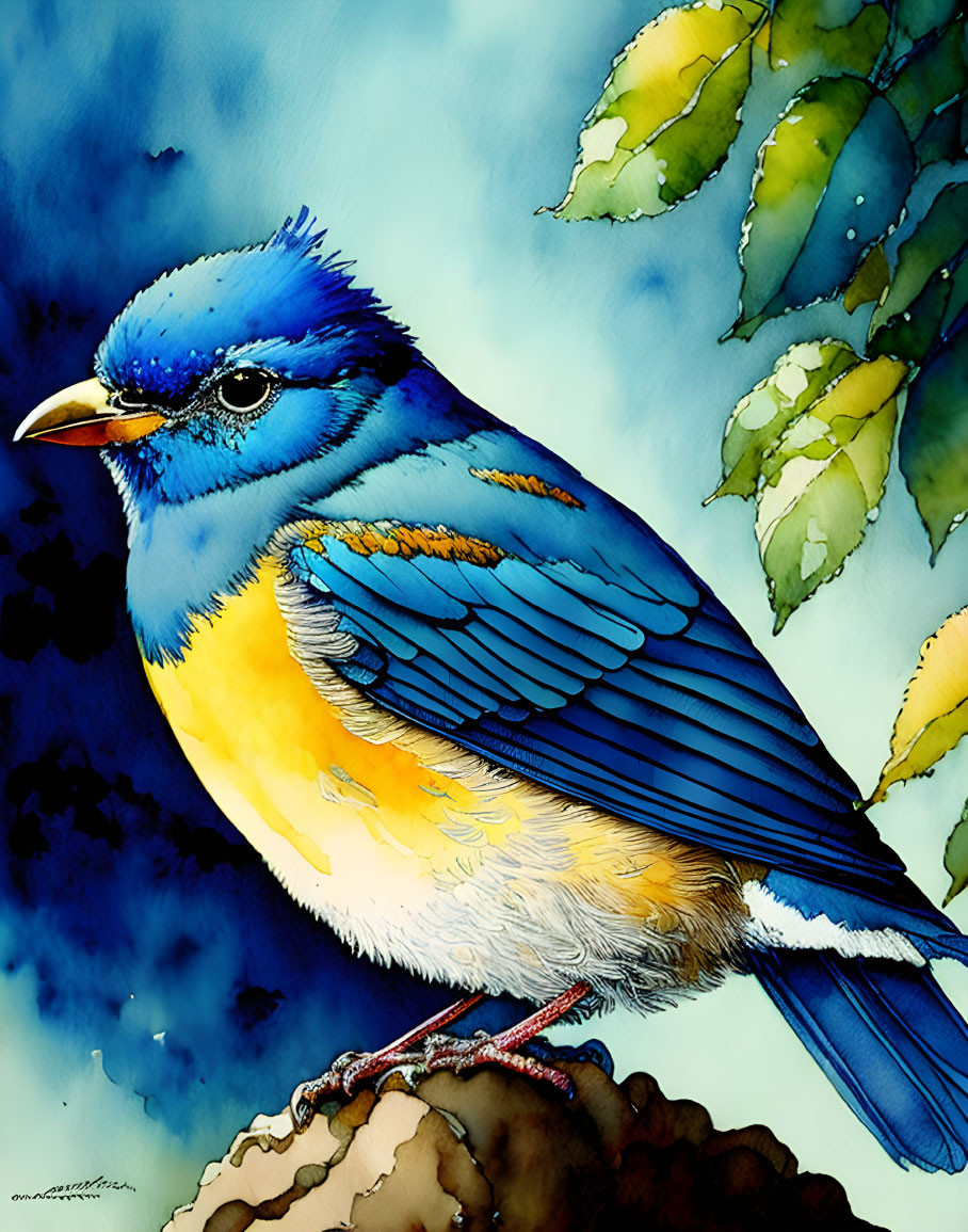 Vibrant blue and yellow bird on branch with green leaves against blue background