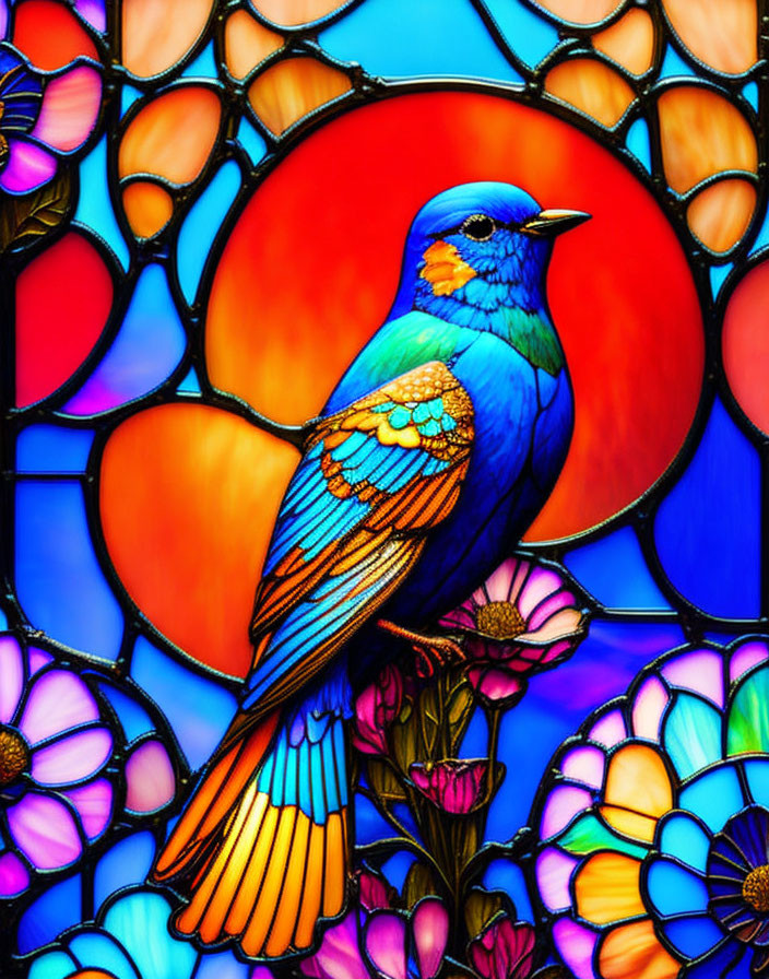 Colorful Stained Glass Artwork: Blue Bird on Floral Background