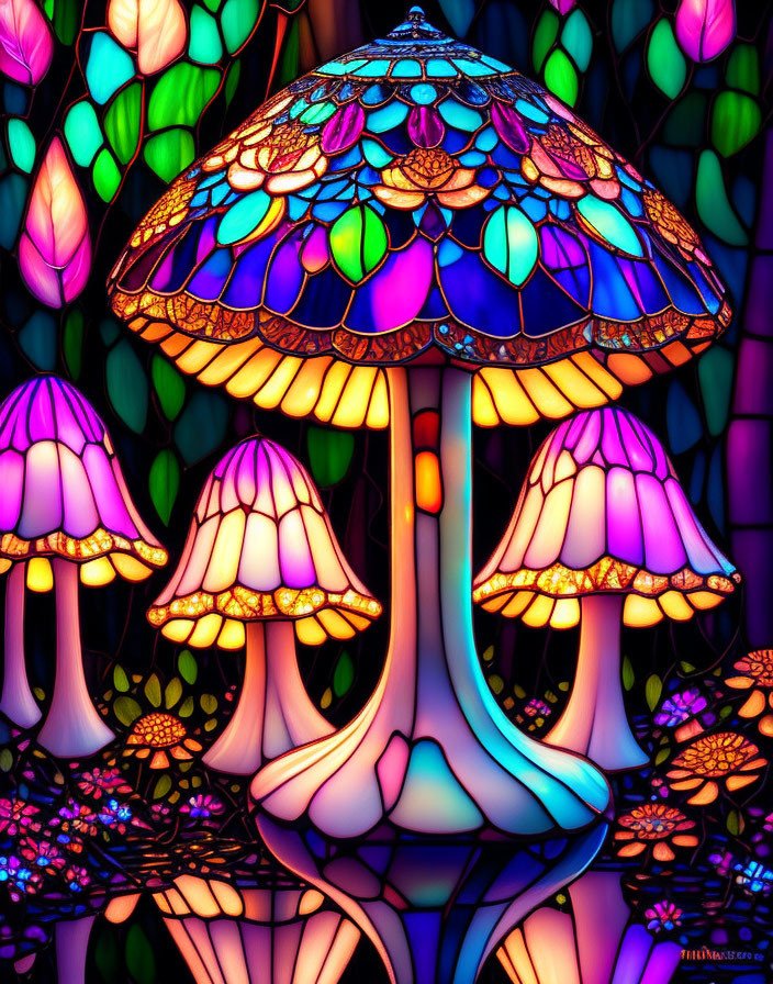 Vibrant glowing mushroom digital art on dark background