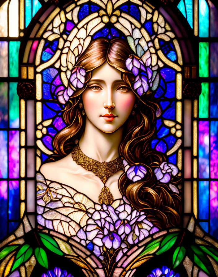 Colorful Stained Glass Artwork of Woman with Flowing Hair and Floral Patterns