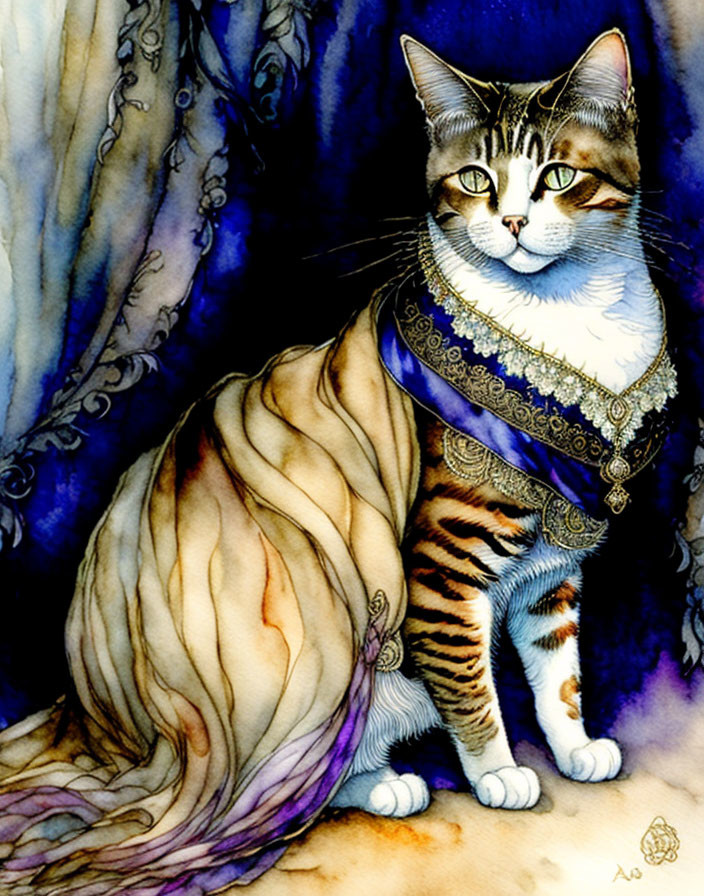 Regal cat illustration in jeweled attire on blue background