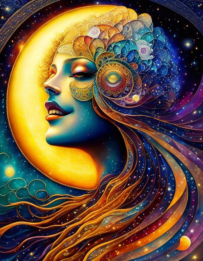 Vibrant profile portrait with ornate headdress and cosmic hair scenery