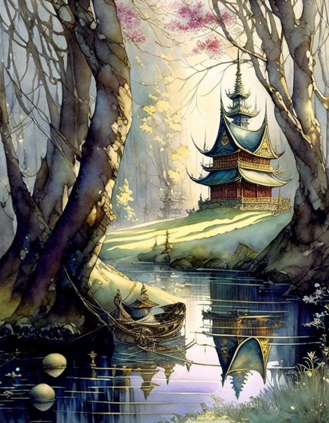 Asian-inspired pagoda surrounded by blossoming trees in watercolor.