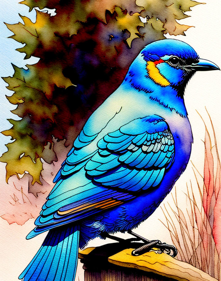 Colorful Blue Jay Illustration on Brown Branch with Autumn Leaves