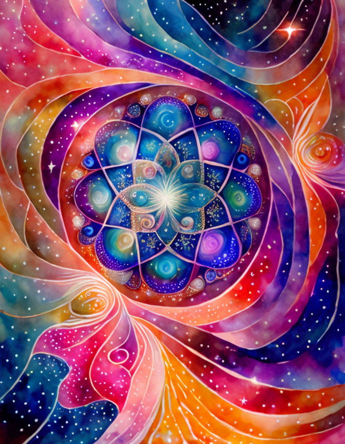 Multicolored mandala in cosmic painting with swirling energies