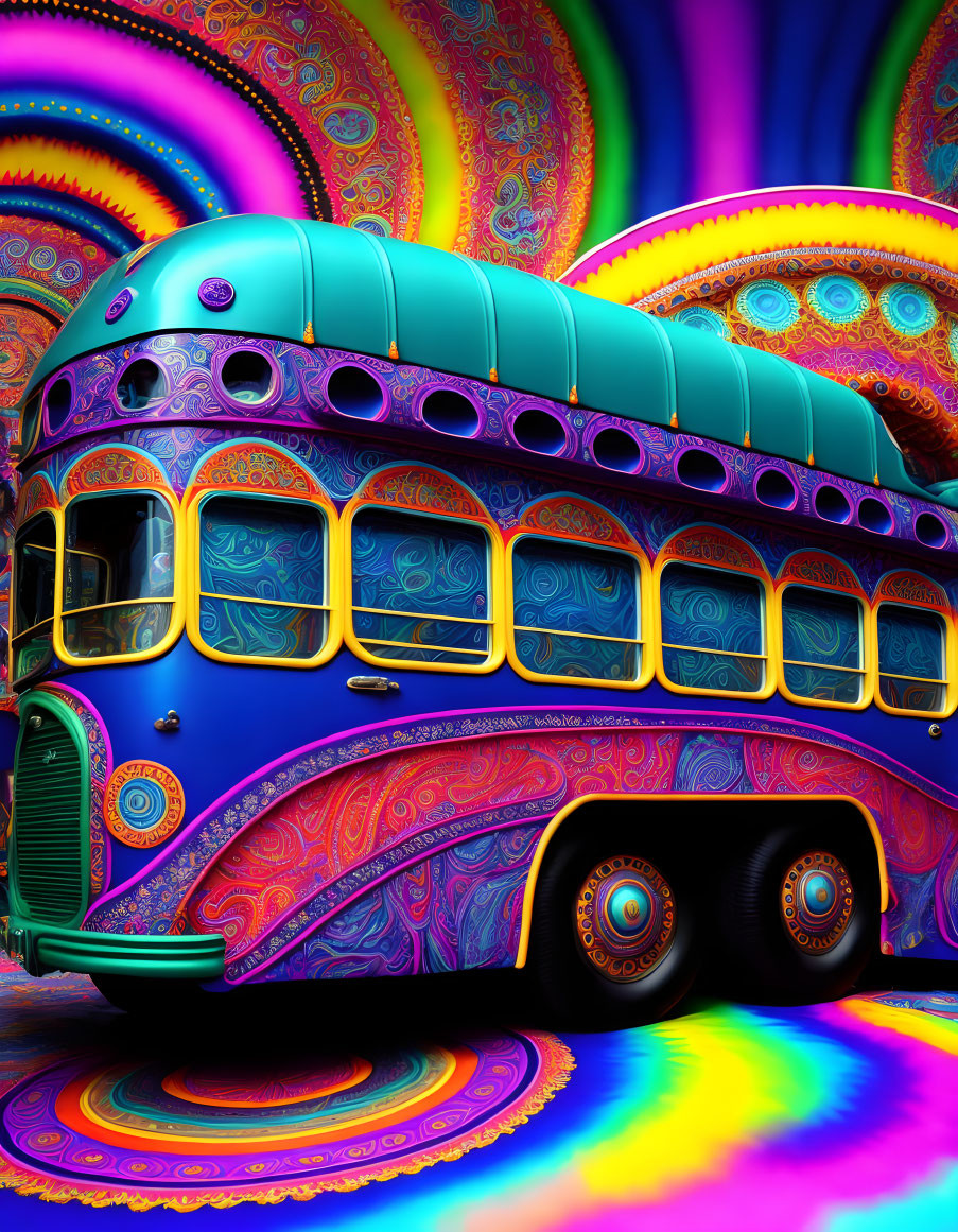 Colorful Psychedelic Bus Against Kaleidoscopic Background