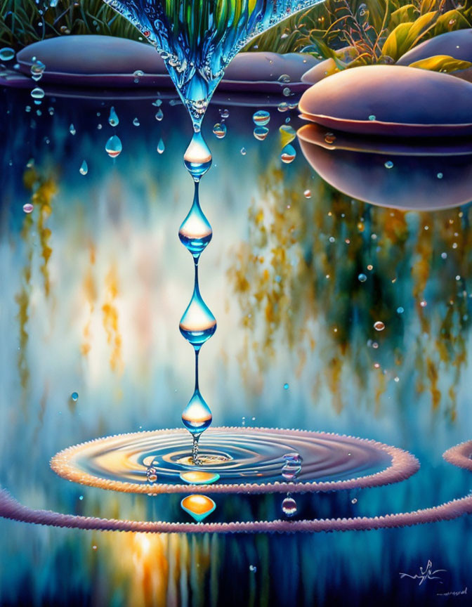 Hyper-realistic Painting: Water Droplets Ripple on Serene Pond