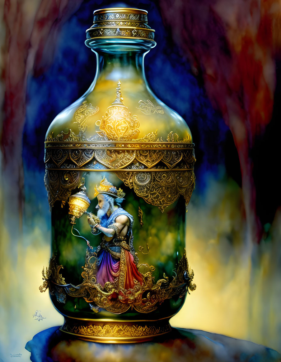 Translucent Green Bottle with Gold Detailing and Historical Couple Illustration