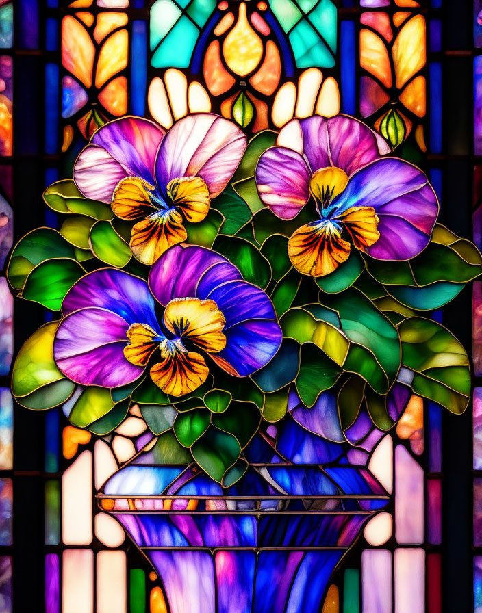 Colorful Stained Glass Window with Pansies and Leaves in Purple and Blue Palette