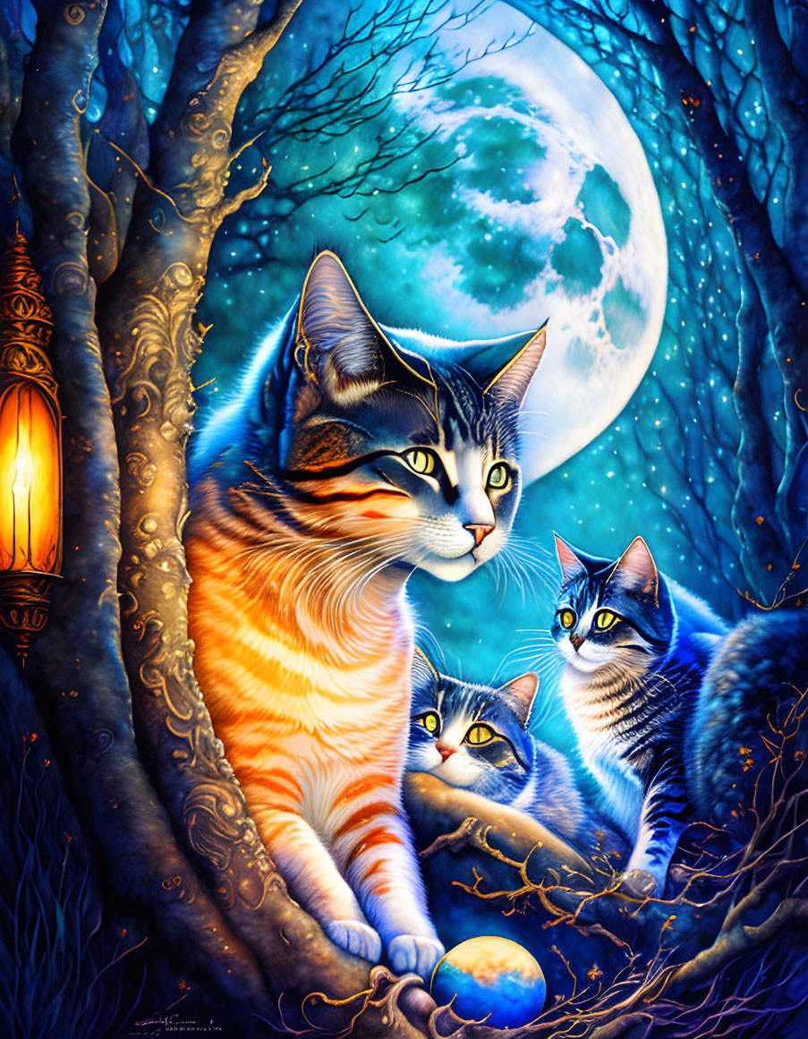 Whimsical cats under moonlit sky with blue and orange hues