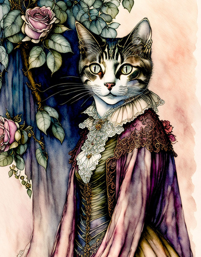 Feline figure in vintage attire among roses