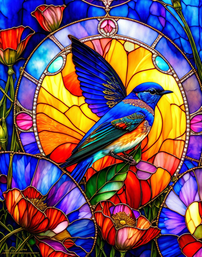 Colorful Stained Glass Artwork Featuring Blue Bird and Flowers